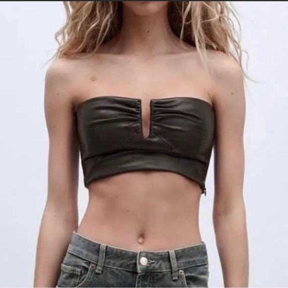 Zara Tops - NWT Zara Brown Leather Strapless Crop-top